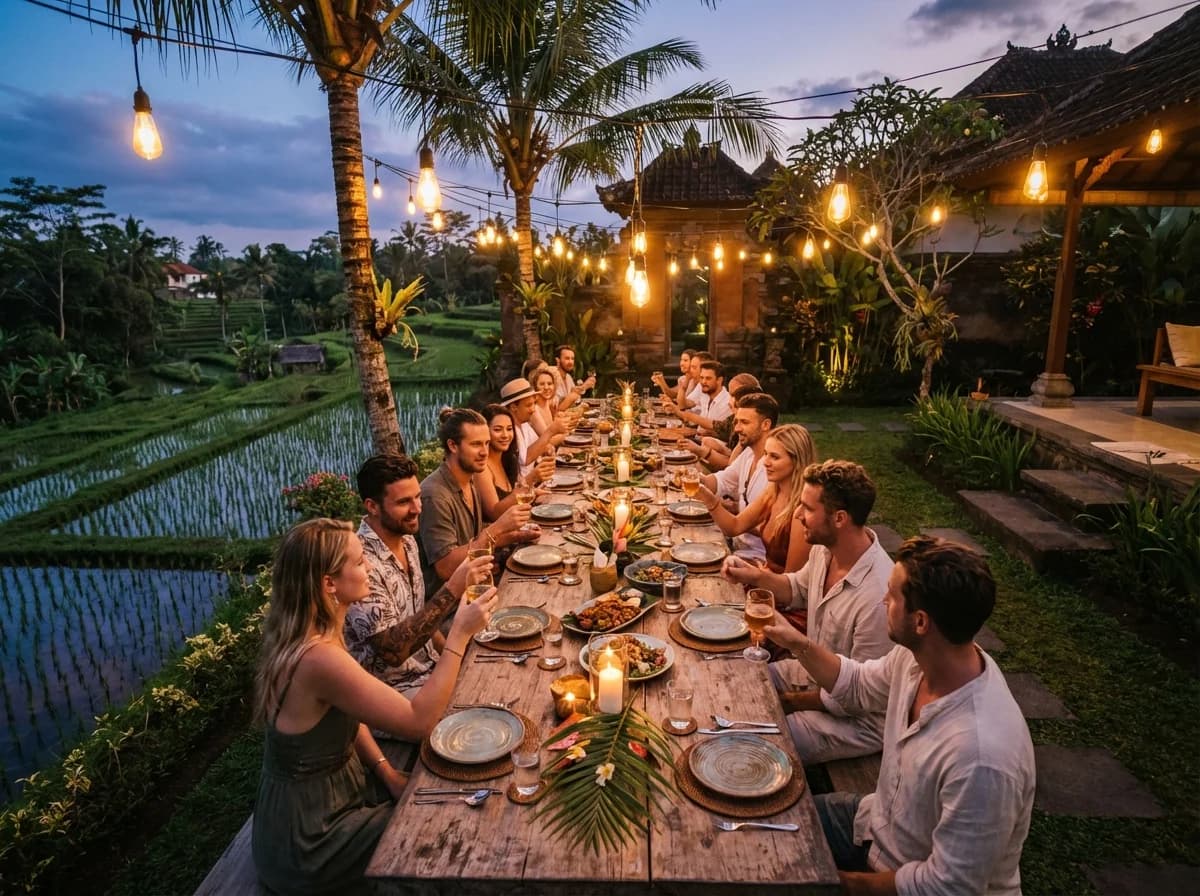 Outdoor communal dinner with warm lighting