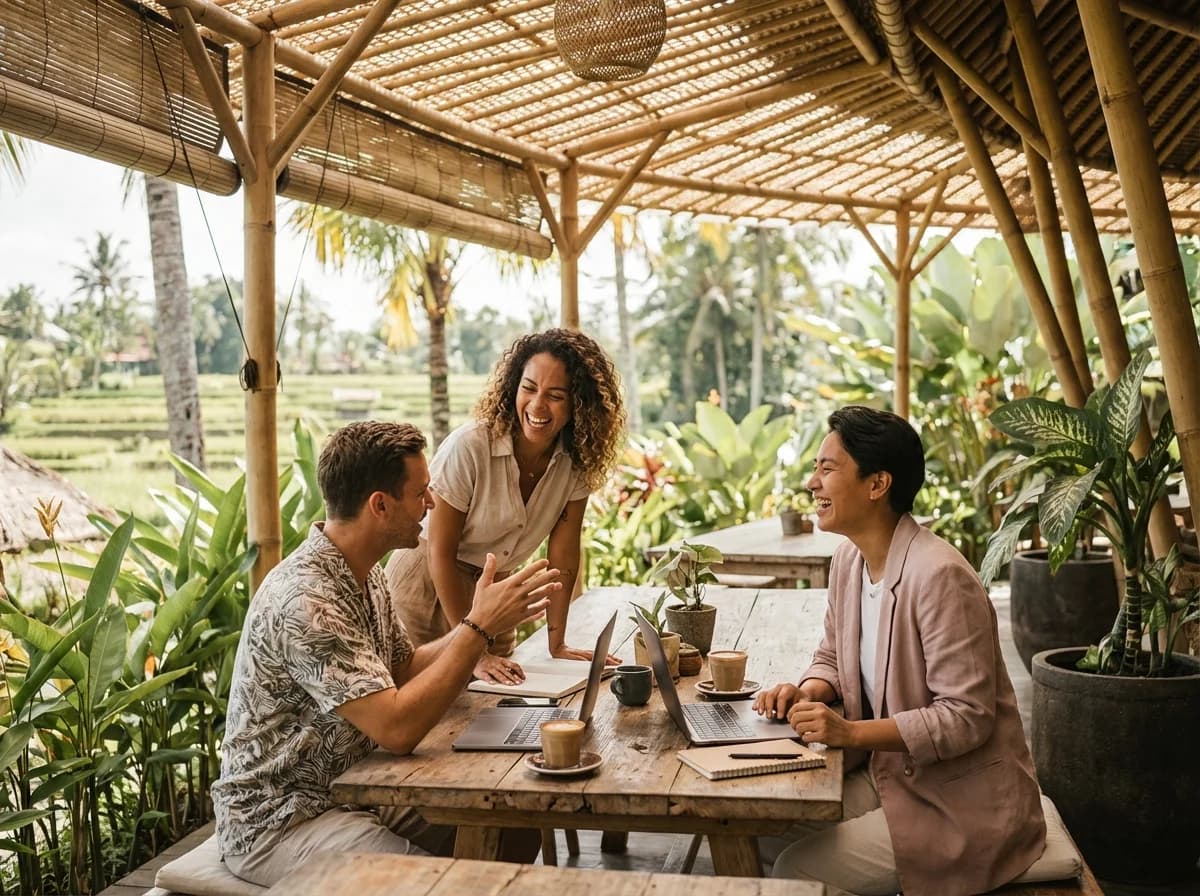 Diverse group collaborating and laughing together