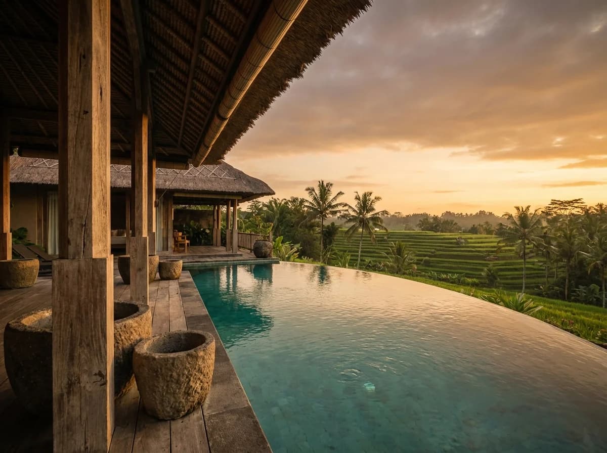 Tropical beachfront with palm trees at golden hour