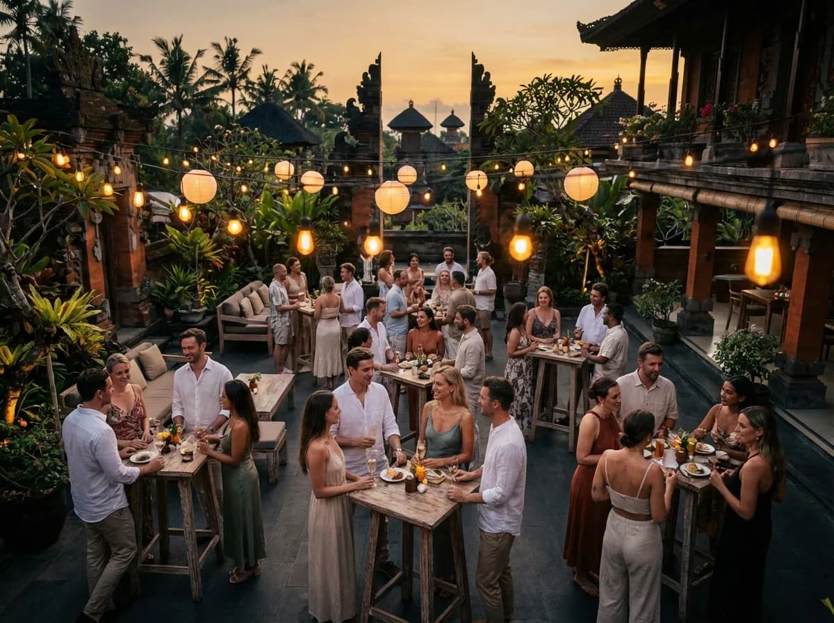 Community gathering with warm string lights